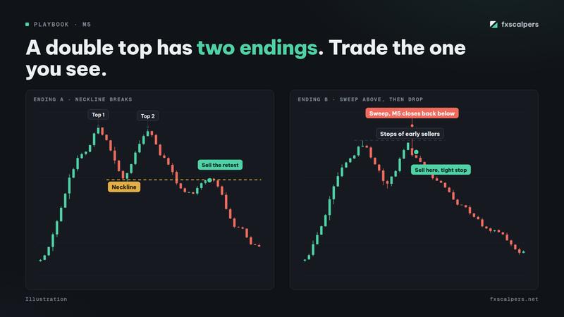 Diagram: A double top has two endings. Trade the one you see.