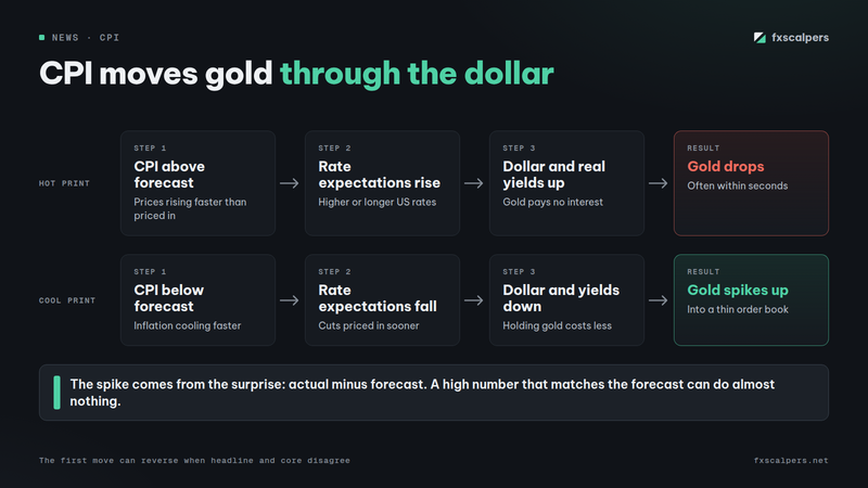 Diagram: CPI moves gold through the dollar